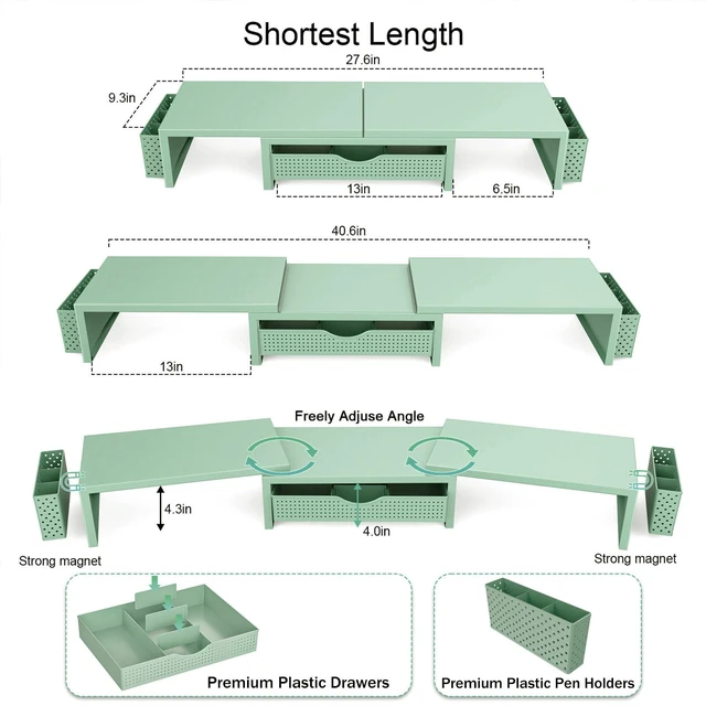 Alt view image 4 of 7 - Dual Monitor Stand Riser With Drawer and 2 Pen Holders Desk Organizer and Accessories Computer Monitor Stand, Desk Shelf for Top of Desk (Sage Green)