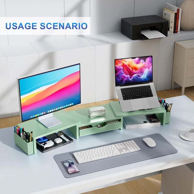 Alt view image 5 of 7 - Dual Monitor Stand Riser With Drawer and 2 Pen Holders Desk Organizer and Accessories Computer Monitor Stand, Desk Shelf for Top of Desk (Sage Green)