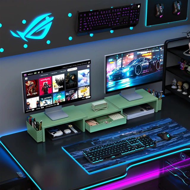 Alt view image 6 of 7 - Dual Monitor Stand Riser With Drawer and 2 Pen Holders Desk Organizer and Accessories Computer Monitor Stand, Desk Shelf for Top of Desk (Sage Green)