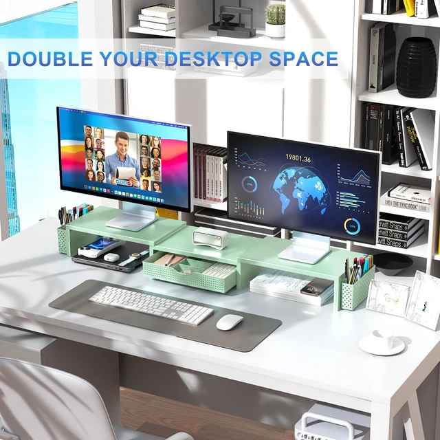 Alt view image 7 of 7 - Dual Monitor Stand Riser With Drawer and 2 Pen Holders Desk Organizer and Accessories Computer Monitor Stand, Desk Shelf for Top of Desk (Sage Green)