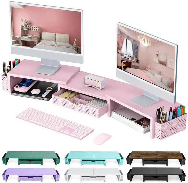 Main image of Dual Monitor Stand Riser With Drawer and 2 Pen Holders Computer Monitor Stand Desk Organizer and Accessories Desk Shelf for Top of Desk (Pink)