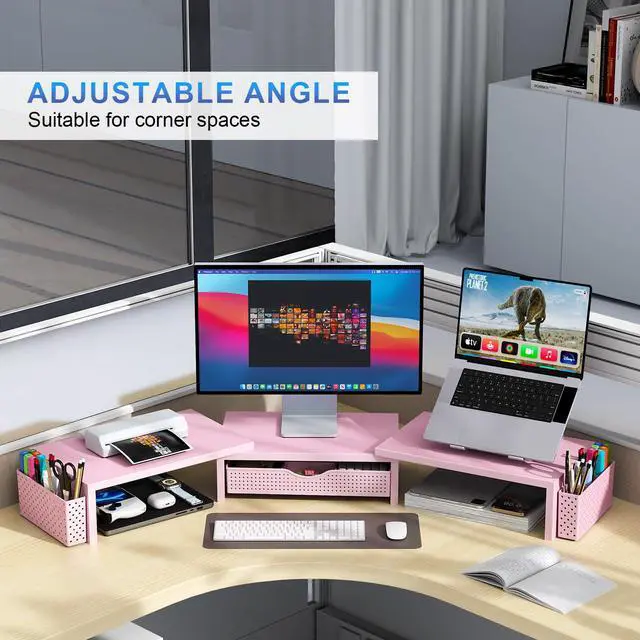 Alt view image 3 of 7 - Dual Monitor Stand Riser With Drawer and 2 Pen Holders Computer Monitor Stand Desk Organizer and Accessories Desk Shelf for Top of Desk (Pink)