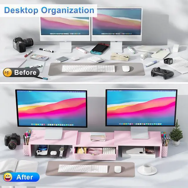 Alt view image 2 of 7 - Dual Monitor Stand Riser With Drawer and 2 Pen Holders Computer Monitor Stand Desk Organizer and Accessories Desk Shelf for Top of Desk (Pink)