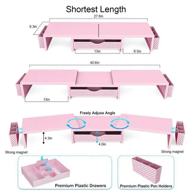 Alt view image 4 of 7 - Dual Monitor Stand Riser With Drawer and 2 Pen Holders Computer Monitor Stand Desk Organizer and Accessories Desk Shelf for Top of Desk (Pink)