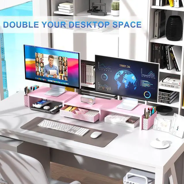 Alt view image 5 of 7 - Dual Monitor Stand Riser With Drawer and 2 Pen Holders Computer Monitor Stand Desk Organizer and Accessories Desk Shelf for Top of Desk (Pink)