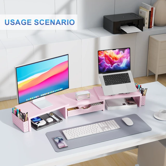 Alt view image 6 of 7 - Dual Monitor Stand Riser With Drawer and 2 Pen Holders Computer Monitor Stand Desk Organizer and Accessories Desk Shelf for Top of Desk (Pink)