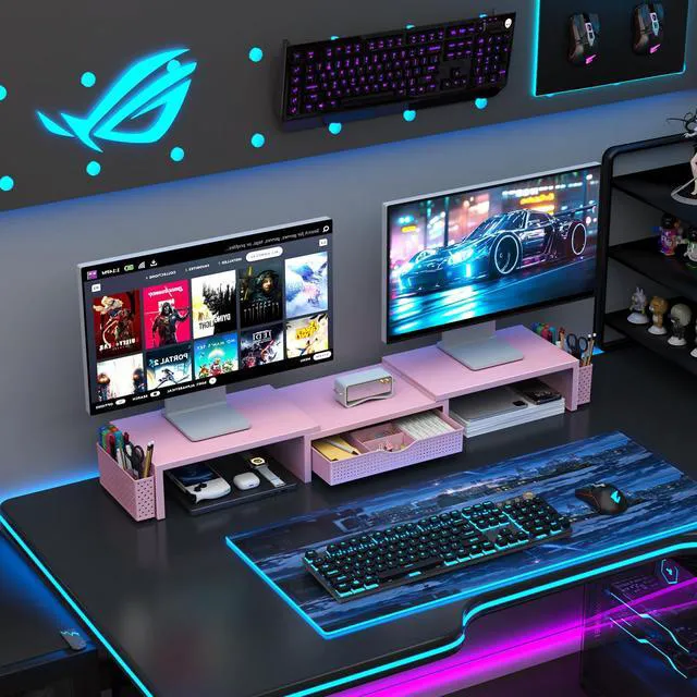 Alt view image 7 of 7 - Dual Monitor Stand Riser With Drawer and 2 Pen Holders Computer Monitor Stand Desk Organizer and Accessories Desk Shelf for Top of Desk (Pink)