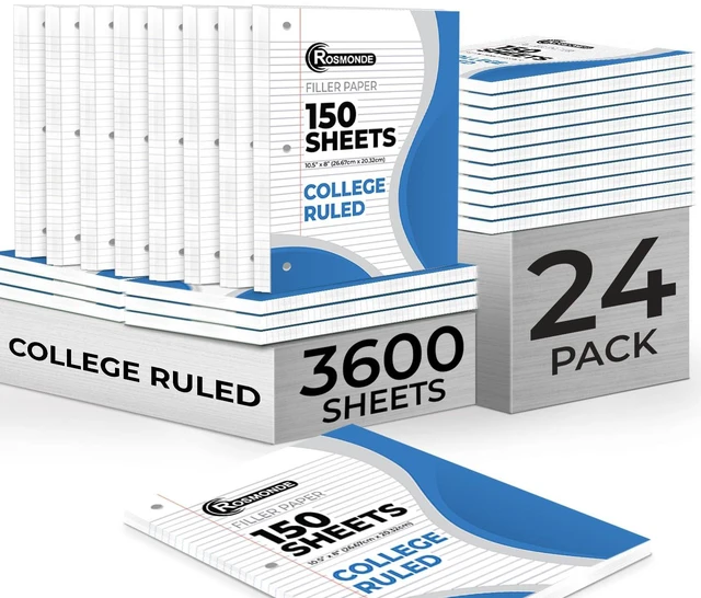Main image of 3600 Sheets Loose Leaf Paper Bulk, 24 Pack, College Ruled Paper Bulk Notebook Paper, 8" x 10.5", 150 Sheets/Pack, Bulk Office Filler Paper, 3 Hole Punched, College Ruled Paper For Binder