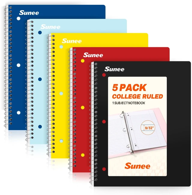 Main image of Spiral Notebooks, 1-Subject, 5 Pack, College Ruled Paper, 8" x 10-1/2", 70 Sheets per Notebook, 3-Hole Punched Paper, Spiral Lined Notebooks for School, Work, Classic Colors