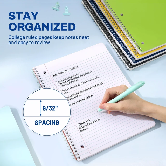 Alt view image 5 of 7 - Spiral Notebooks, 1-Subject, 5 Pack, College Ruled Paper, 8" x 10-1/2", 70 Sheets per Notebook, 3-Hole Punched Paper, Spiral Lined Notebooks for School, Work, Classic Colors