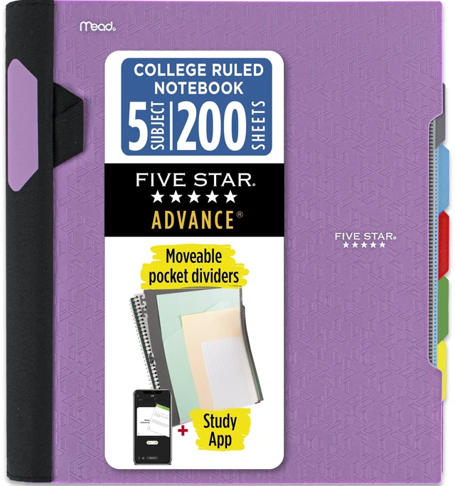 Main image of Advance Spiral Notebook + Study App, 5 Subject, College Ruled Paper, 8-1/2" x 11", 200 Sheets, Spiral Guard, Movable Tabbed Dividers, Amethyst Purple (820013G)