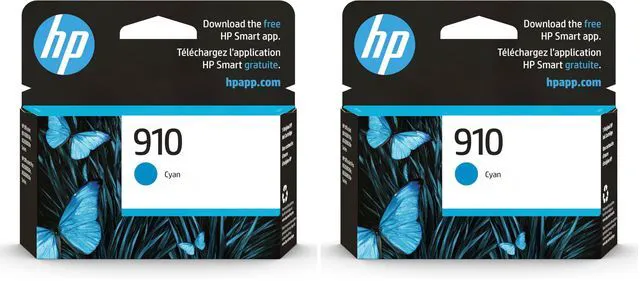 Main image of 910 Cyan Ink Cartridge, Works with OfficeJet 8010, 8020 Series, OfficeJet Pro 8020, 8030 Series, Eligible for Instant Ink, 3YL58AN, (Pack of 2)
