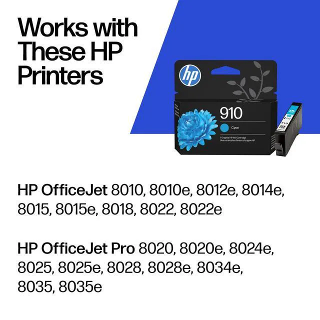 Alt view image 2 of 7 - 910 Cyan Ink Cartridge, Works with OfficeJet 8010, 8020 Series, OfficeJet Pro 8020, 8030 Series, Eligible for Instant Ink, 3YL58AN, (Pack of 2)