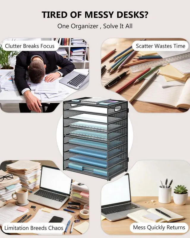Alt view image 2 of 7 - Desk File Organizer, 9 Tier Desktop Paper Letter Tray Organizer with Handle, Office Desk Accessories & Workspace Organizers for Office, Home, School Supplies, 1 Pack, Black