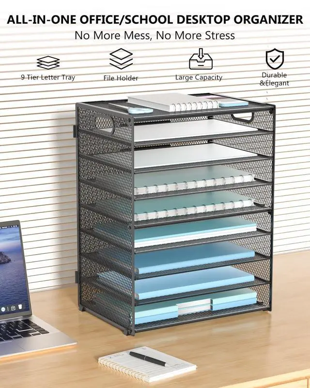 Alt view image 3 of 7 - Desk File Organizer, 9 Tier Desktop Paper Letter Tray Organizer with Handle, Office Desk Accessories & Workspace Organizers for Office, Home, School Supplies, 1 Pack, Black