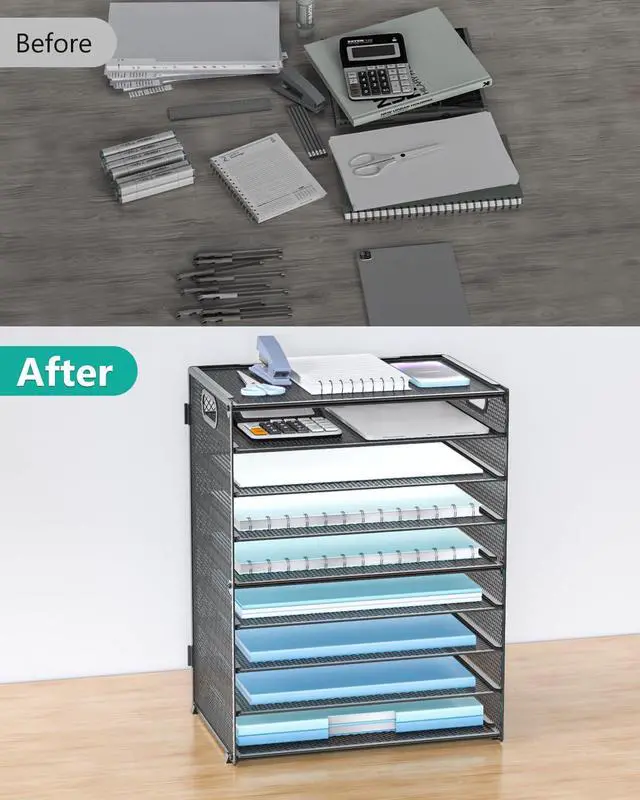 Alt view image 6 of 7 - Desk File Organizer, 9 Tier Desktop Paper Letter Tray Organizer with Handle, Office Desk Accessories & Workspace Organizers for Office, Home, School Supplies, 1 Pack, Black