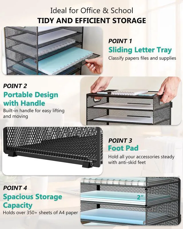 Alt view image 4 of 7 - Desk File Organizer, 9 Tier Desktop Paper Letter Tray Organizer with Handle, Office Desk Accessories & Workspace Organizers for Office, Home, School Supplies, 1 Pack, Black