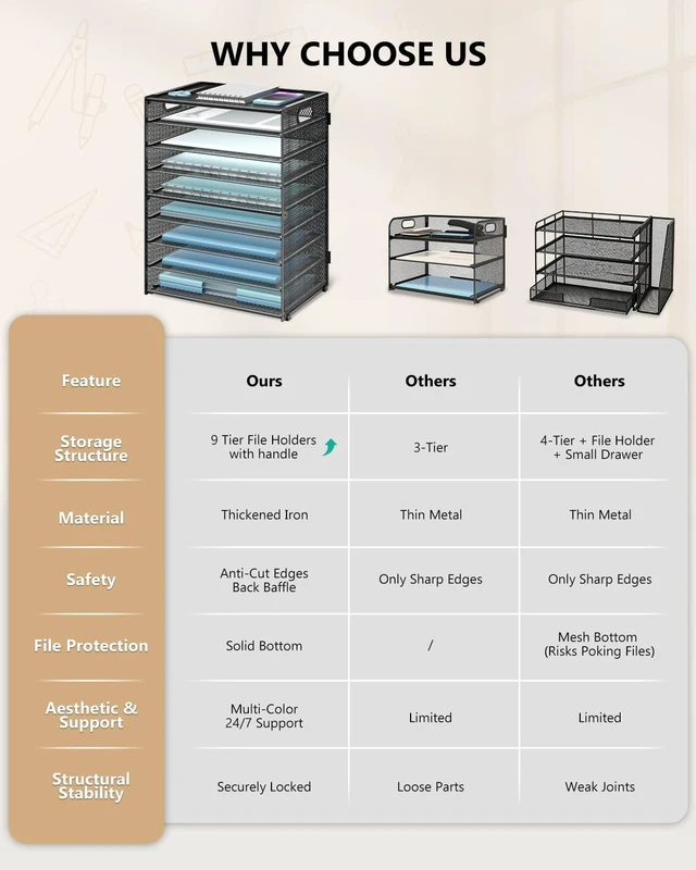 Alt view image 7 of 7 - Desk File Organizer, 9 Tier Desktop Paper Letter Tray Organizer with Handle, Office Desk Accessories & Workspace Organizers for Office, Home, School Supplies, 1 Pack, Black