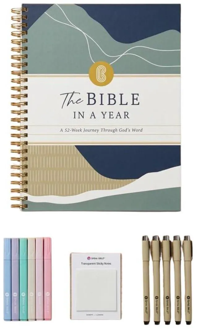 Main image of Official in a Year Essentials Bundle Study Guide (Mountains) 365-Day Reading Plan, Study Guide, Highlighters, Pens & Sticky Notes, Bible Study Journaling Kit for Any Translation
