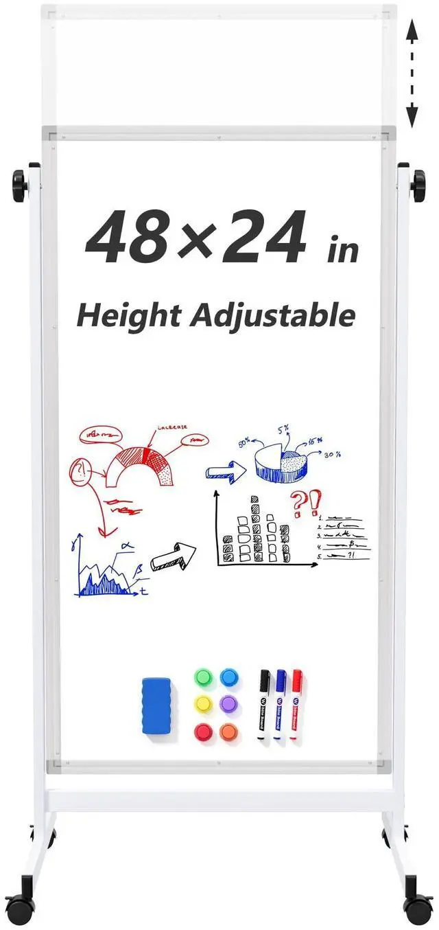 Main image of Large Rolling Whiteboard on Wheels, 48" x 24" Height Adjustable Mobile White Board with Stand, 4' x 2' Portable Standing Magnetic Dry Erase Board Easel for Home Office Classroom School, Silver