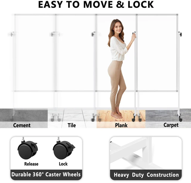 Alt view image 4 of 7 - Large Rolling Whiteboard on Wheels, 48" x 24" Height Adjustable Mobile White Board with Stand, 4' x 2' Portable Standing Magnetic Dry Erase Board Easel for Home Office Classroom School, Silver