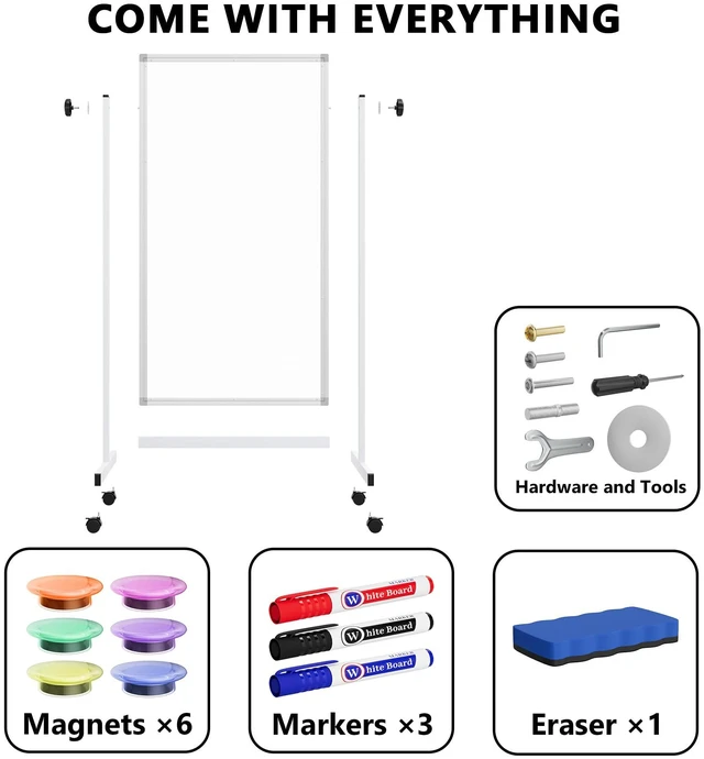 Alt view image 6 of 7 - Large Rolling Whiteboard on Wheels, 48" x 24" Height Adjustable Mobile White Board with Stand, 4' x 2' Portable Standing Magnetic Dry Erase Board Easel for Home Office Classroom School, Silver