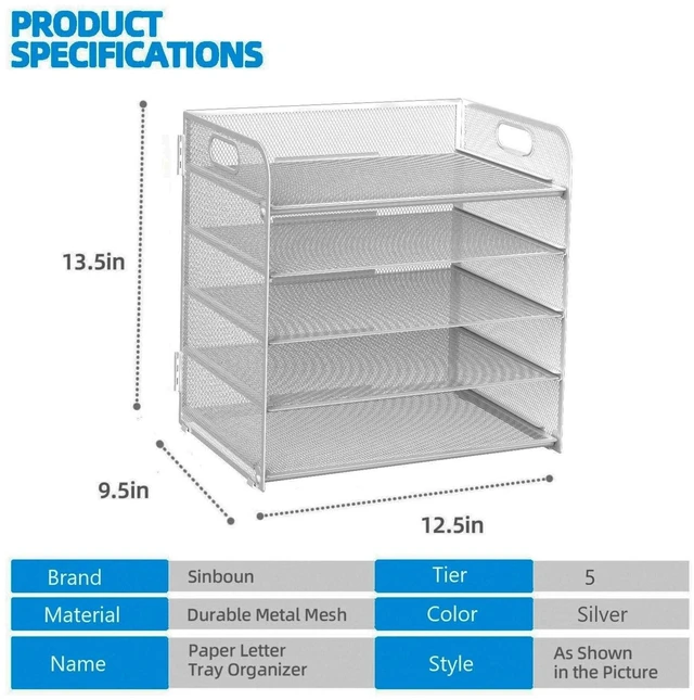 Alt view image 2 of 6 - Letter Tray Paper Organizer 5-Tier Desk Organizer File Organizer Paper Holder with Handle, Metal Desktop Document Shelf Tray Office Classroom Organization - Silver