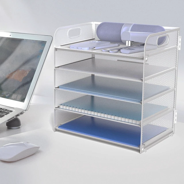 Alt view image 4 of 6 - Letter Tray Paper Organizer 5-Tier Desk Organizer File Organizer Paper Holder with Handle, Metal Desktop Document Shelf Tray Office Classroom Organization - Silver