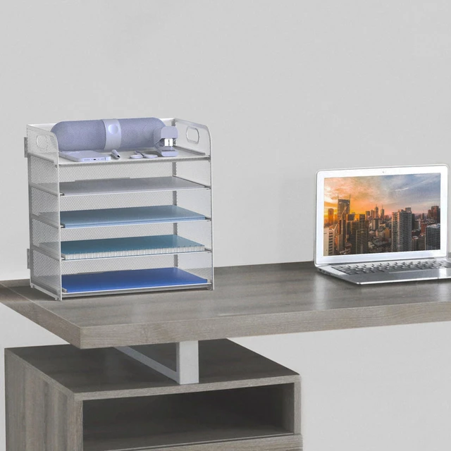 Alt view image 6 of 6 - Letter Tray Paper Organizer 5-Tier Desk Organizer File Organizer Paper Holder with Handle, Metal Desktop Document Shelf Tray Office Classroom Organization - Silver