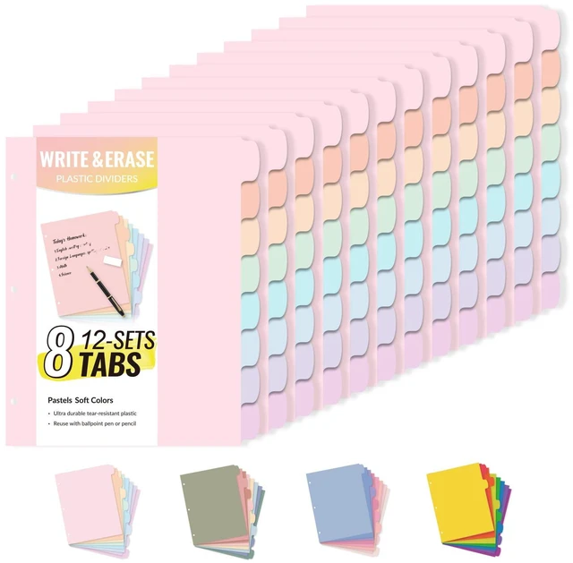 Main image of 8 Tabs Plastic Write & Erase Binder Dividers with Tabs, 12 Sets Long-Lasting Dividers for 3 Ring Binder, Cute Pastels Binder Dividers Organizers for Student, Teacher, Office, Pastels Color