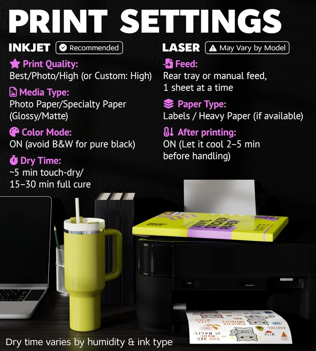 Alt view image 2 of 7 - Premium Printable Vinyl Sticker Paper for Inkjet Printer and Laser - 50 White Matte Sticker Paper Waterproof - Durability Adhesive Paper 8.5 x 11, Fast Dry, Holds Ink Well, Great for Cutting Machines