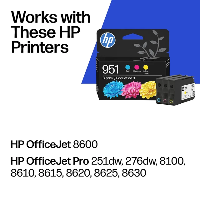 Alt view image 2 of 7 - 951 Cyan, Magenta, Yellow Ink Cartridges (3 Pack) | Works with OfficeJet 8600, OfficeJet Pro 251dw, 276dw, 8100, 8610, 8620, 8630 | Eligible for Instant Ink | CR314FN