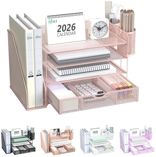 Main image of Desk File Organizer, 4 Tier Desktop Paper Letter Tray Organizer with Drawer and 2 Pen Holders, Office Desk Accessories & Workspace Organizers for Office, Home Supplies(DO005DH-P), 1 Pack, Pink