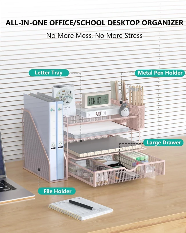 Alt view image 2 of 7 - Desk File Organizer, 4 Tier Desktop Paper Letter Tray Organizer with Drawer and 2 Pen Holders, Office Desk Accessories & Workspace Organizers for Office, Home Supplies(DO005DH-P), 1 Pack, Pink