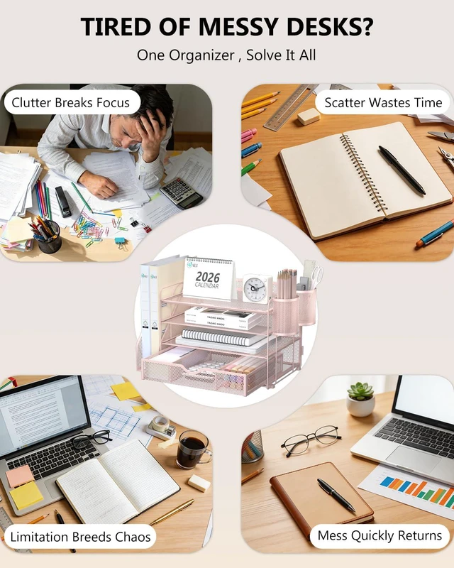 Alt view image 3 of 7 - Desk File Organizer, 4 Tier Desktop Paper Letter Tray Organizer with Drawer and 2 Pen Holders, Office Desk Accessories & Workspace Organizers for Office, Home Supplies(DO005DH-P), 1 Pack, Pink