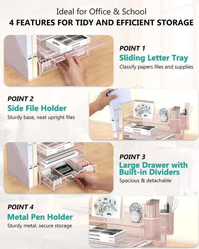 Alt view image 4 of 7 - Desk File Organizer, 4 Tier Desktop Paper Letter Tray Organizer with Drawer and 2 Pen Holders, Office Desk Accessories & Workspace Organizers for Office, Home Supplies(DO005DH-P), 1 Pack, Pink
