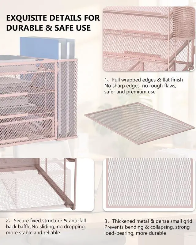 Alt view image 5 of 7 - Desk File Organizer, 4 Tier Desktop Paper Letter Tray Organizer with Drawer and 2 Pen Holders, Office Desk Accessories & Workspace Organizers for Office, Home Supplies(DO005DH-P), 1 Pack, Pink