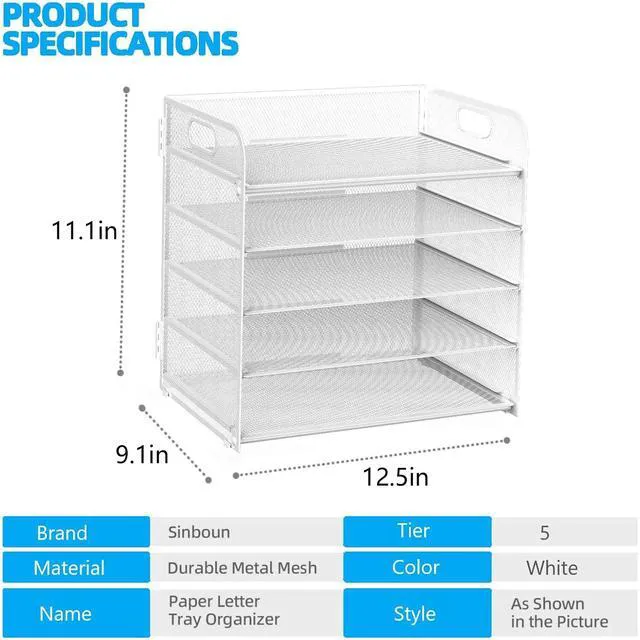Alt view image 2 of 6 - Letter Tray Paper Organizer 5-Tier Desk Organizer File Organizer Paper Holder with Handle, Metal Desktop Document Shelf Tray Office Classroom Organization - White