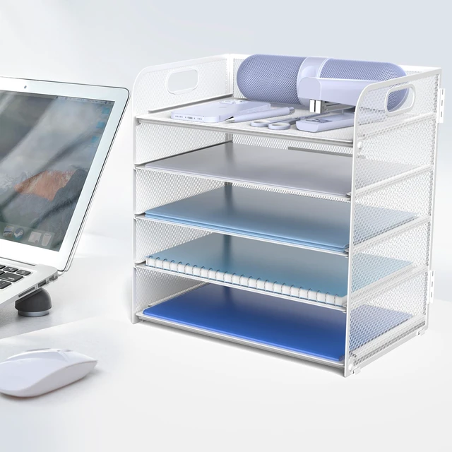 Alt view image 4 of 6 - Letter Tray Paper Organizer 5-Tier Desk Organizer File Organizer Paper Holder with Handle, Metal Desktop Document Shelf Tray Office Classroom Organization - White