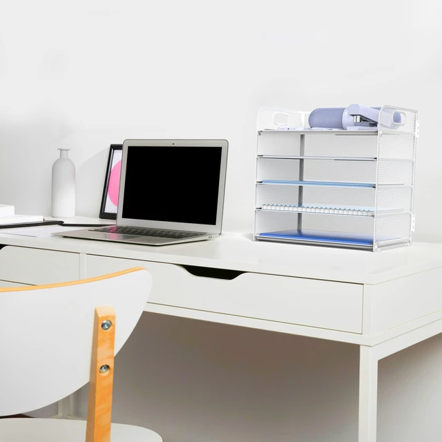 Alt view image 5 of 6 - Letter Tray Paper Organizer 5-Tier Desk Organizer File Organizer Paper Holder with Handle, Metal Desktop Document Shelf Tray Office Classroom Organization - White