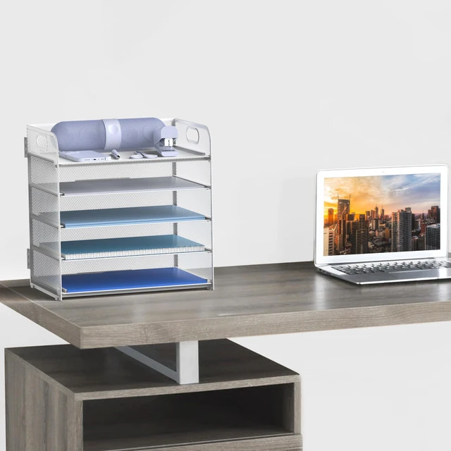Alt view image 6 of 6 - Letter Tray Paper Organizer 5-Tier Desk Organizer File Organizer Paper Holder with Handle, Metal Desktop Document Shelf Tray Office Classroom Organization - White