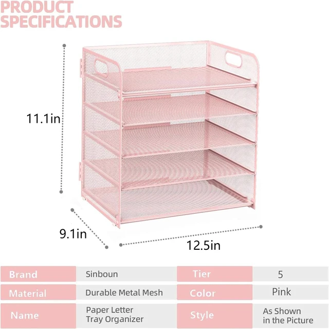 Alt view image 2 of 6 - Letter Tray Paper Organizer 5-Tier Desk Organizer File Organizer Paper Holder with Handle, Metal Desktop Document Shelf Tray Office Classroom Organization - Pink, PK5CENGTISHOU