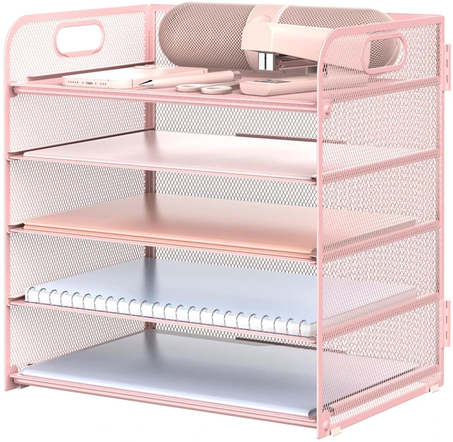Main image of Letter Tray Paper Organizer 5-Tier Desk Organizer File Organizer Paper Holder with Handle, Metal Desktop Document Shelf Tray Office Classroom Organization - Pink, PK5CENGTISHOU