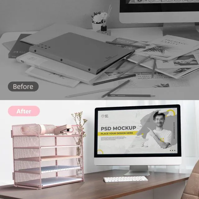 Alt view image 3 of 6 - Letter Tray Paper Organizer 5-Tier Desk Organizer File Organizer Paper Holder with Handle, Metal Desktop Document Shelf Tray Office Classroom Organization - Pink, PK5CENGTISHOU