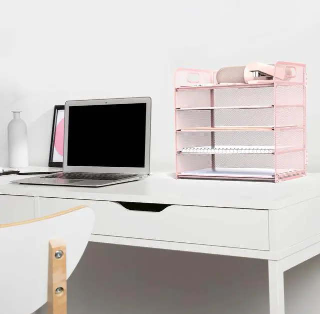 Alt view image 4 of 6 - Letter Tray Paper Organizer 5-Tier Desk Organizer File Organizer Paper Holder with Handle, Metal Desktop Document Shelf Tray Office Classroom Organization - Pink, PK5CENGTISHOU