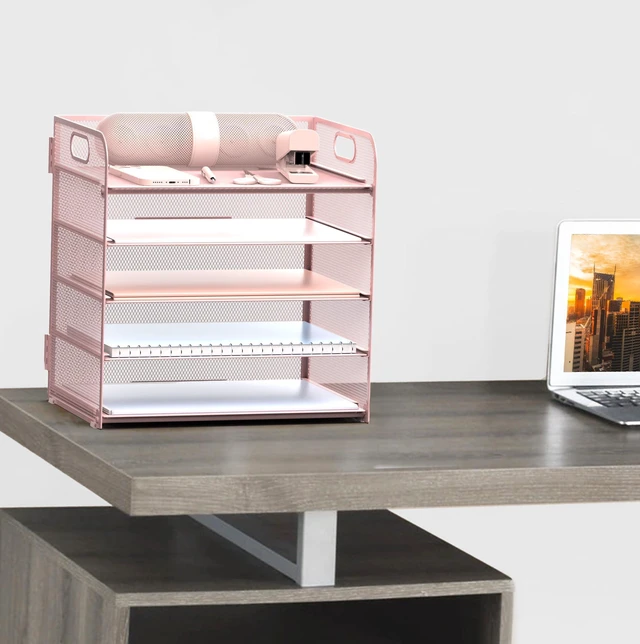 Alt view image 5 of 6 - Letter Tray Paper Organizer 5-Tier Desk Organizer File Organizer Paper Holder with Handle, Metal Desktop Document Shelf Tray Office Classroom Organization - Pink, PK5CENGTISHOU