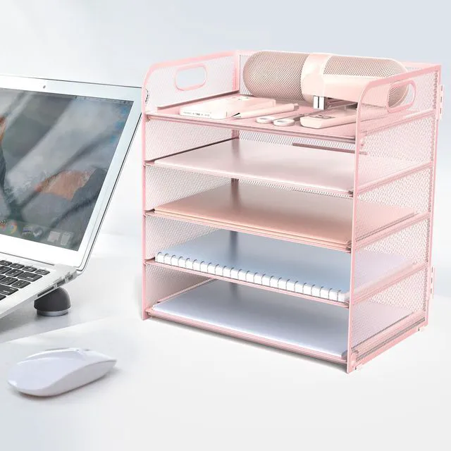Alt view image 6 of 6 - Letter Tray Paper Organizer 5-Tier Desk Organizer File Organizer Paper Holder with Handle, Metal Desktop Document Shelf Tray Office Classroom Organization - Pink, PK5CENGTISHOU