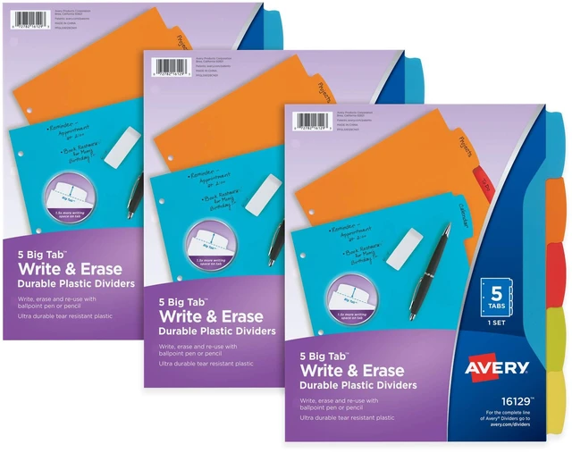 Alt view image 5 of 7 - Durable Plastic 5-Tab Write & Erase Big Tab Dividers for 3 Ring Binders, Pastel Brights (16270) & Big Tab Write & Erase Durable Plastic Dividers, 5-Tab Set, Multicolor Brights, 3 Sets (21212)