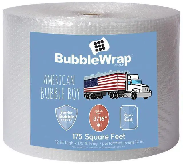 Main image of Bubble Wrap Roll 175', small bubble wrap 3/16 cushioning, 175ft perforated Every 12" Made in the USA by for packing, moving, wrapping of glassware, dishes, furniture and more!