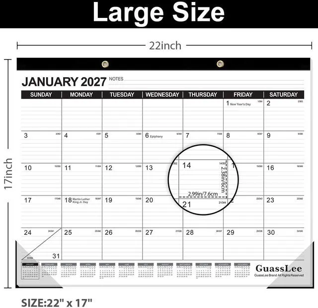 Alt view image 2 of 7 - Large Desk Calendar 2026, 3 Packs, 19 Months from Jun. 2026 to Dec. 2027, 22" x 17" Desk/Wall Calendar Hanging Planner with Julian Date, Notes, Corner Protectors for School Home Office